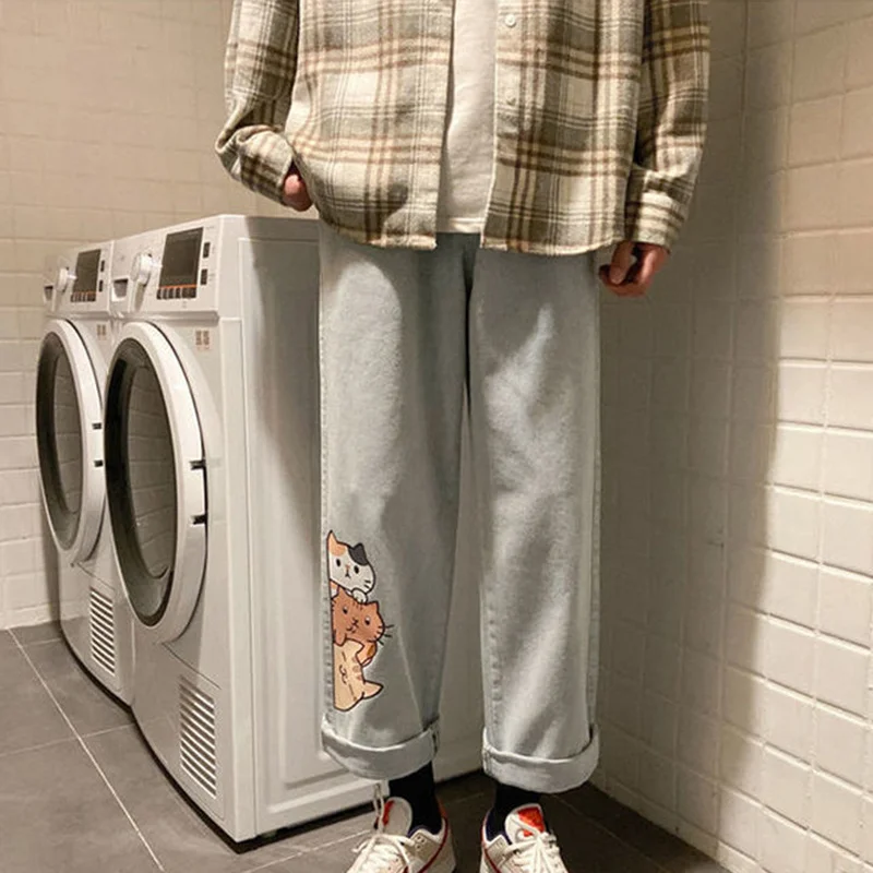 

Summer Women Long Trousers Cowboy Female Loose Denim Pants Cute Cartoon Cat Jeans Streetwear Anime Print Harajuku Kawaii Jeans