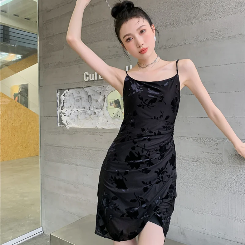 

Kimotimo Sexy Black Spaghetti Strap Dress Women Summer 2021 New Slim Thin Folds Design Mini Dress French All-match Dress Vestido