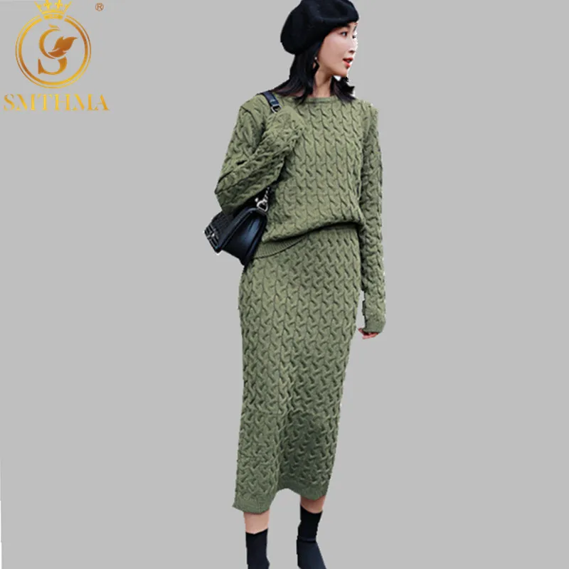 

SMTHMA High Quality Elegance Korean Winter Warm Round Neck Loose Pullover Sweater+ women Two-Piece Skirt suit