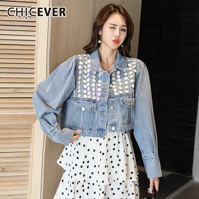 

CHICEVER Casual Blue Patchwork Sequin Denim Coat For Women Lapel Long Sleeve Short Slim Jackets Females Spring Fashion 2021 New