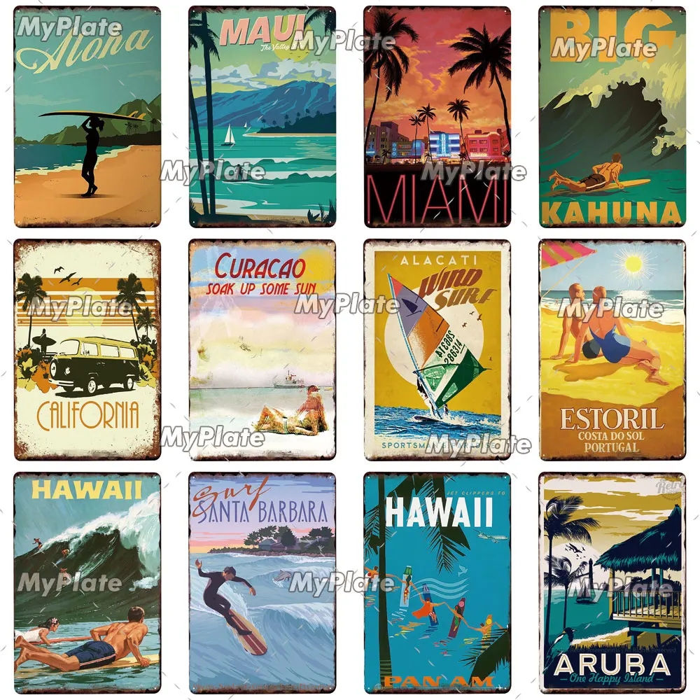 Металлический знак для пляжа Жестяная Табличка серфинга Настенный декор бара