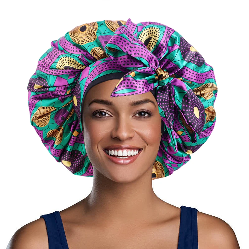 

Silky Satin Turban African Print Women Big Night Sleep Beauty Cap Hair Loss Cap Long Tail Head Wrap Scarf Bonnet Hair Care Hat