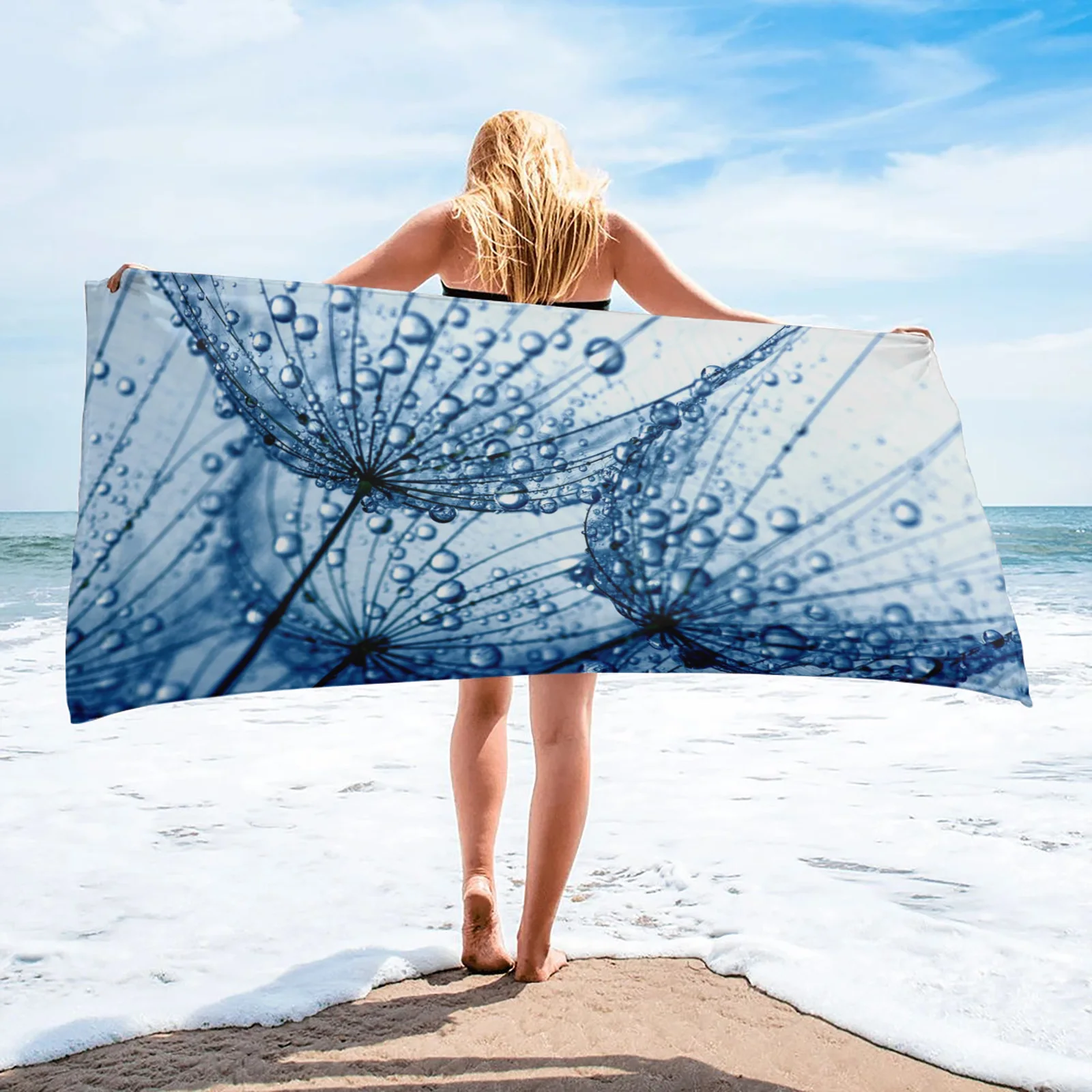 

Blue Dandelion Flower Droplets Bath Towel Bathroom Accessories Microfiber Beach Towels Quick-Dry Bath Towels for Adults