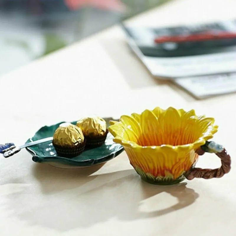 Керамическая чашка с подсолнухом набор ложкой блюдце чашки для послеобеденного