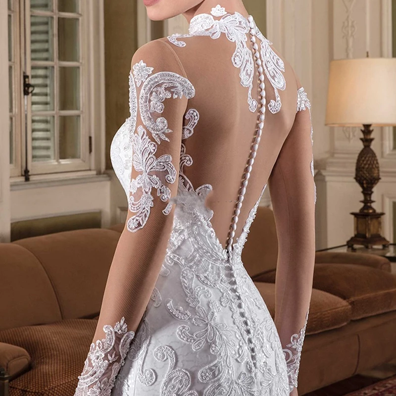 

Luxury Mermaid Wedding Dresses Long Sleeve Turtleneck 3D Three-dimensional Applique Robe de mariée Shiny Tulle Charming Gowns