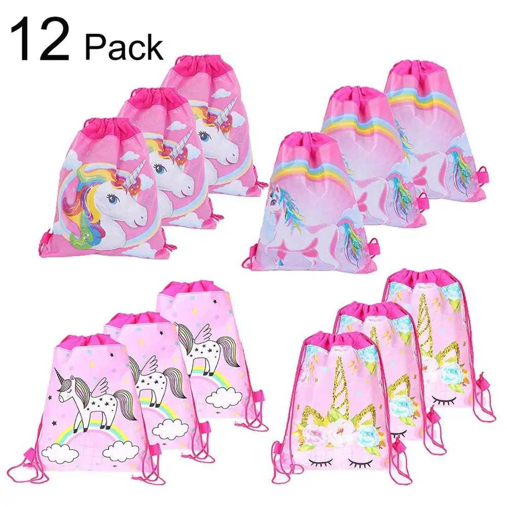 

12pcs/lot Pink Unicorn drawstring pocket/bag unicorn print backpack open student day party supplies Draw pocket/bag kids gift