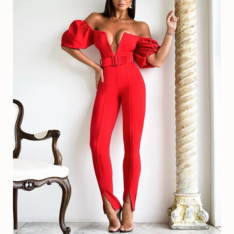 

Elegant high quality sexy women 2020 sexy red slash neck off shoulder short sleeve bodycon bandage jumpsuit Wholesale