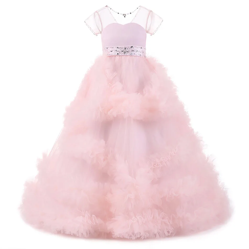 

Elegant Pink Ruffles Ball Gown Flower Girl Dresses New Crystal Kids Princess For Weddings Party Pageant Gowns Vestidos de fiesta