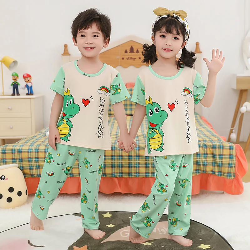 

Summer Short Sleeve Trousers Children's Pajama Set For Baby Girl Air-conditioned Room Sleepwear Cute Cartoon Kids Cotton Pajamas