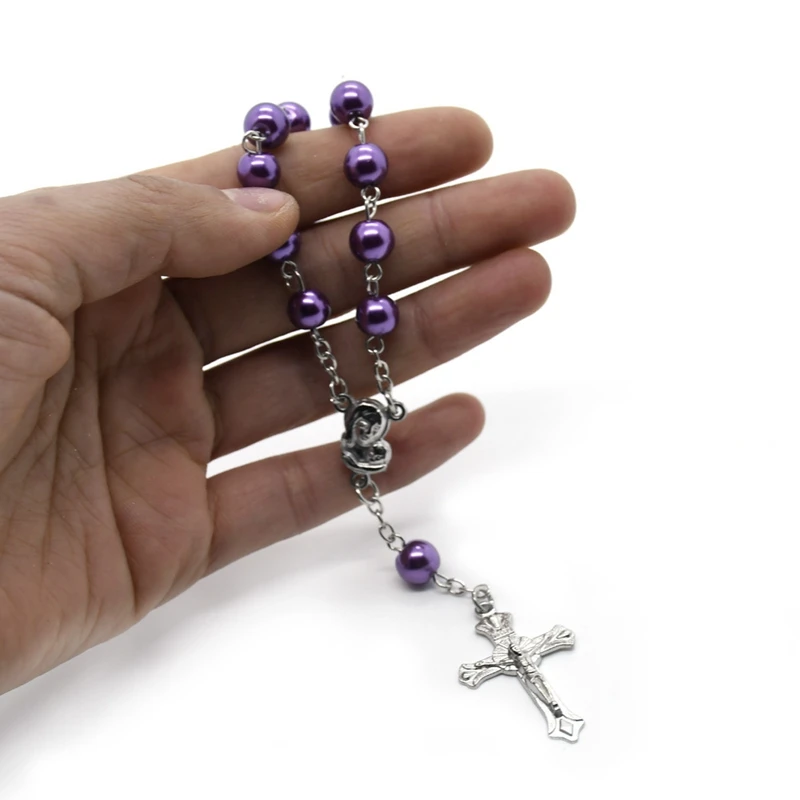 

QIGO Pearl Rosary Strand Cross Bracelet Religious Jesus Christ Jewelry