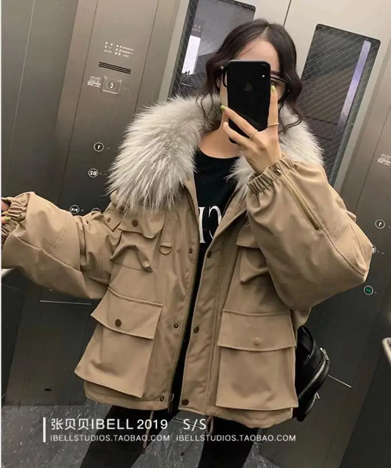Модная короткая свободная большая рабочая куртка с меховым воротником женский