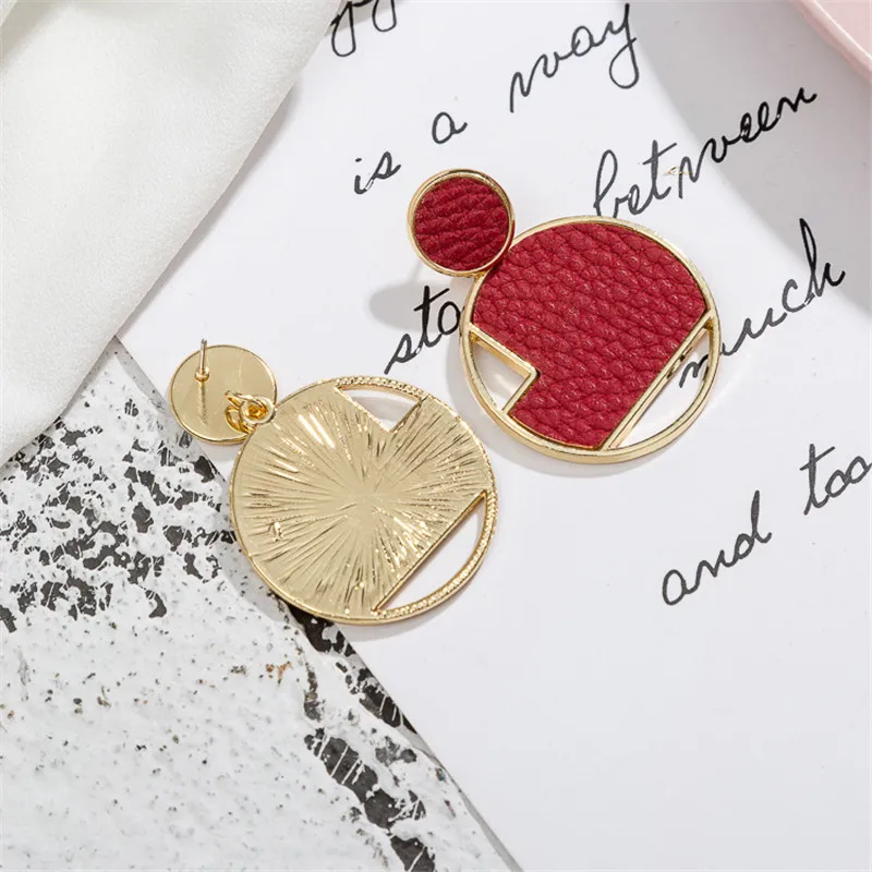 M&ampG Geometric Faux Leather Earrings for Women Black Gold Circle Pendant Drop Fashion Jewelry Accessories Hot Sale Gift | Украшения и