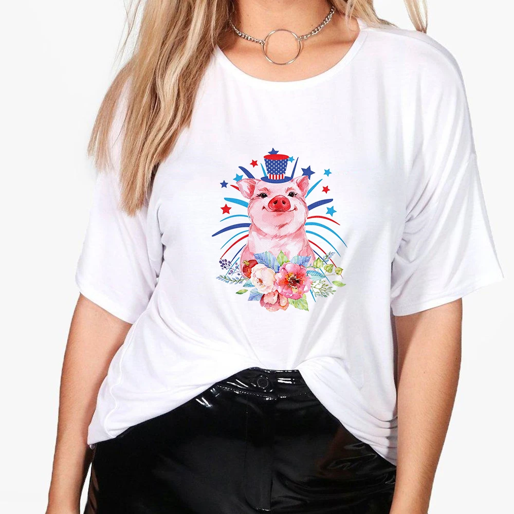 

Blue Top Hat Pig Tshirt Women Pretty Flowers Shirt Streetwear Casual T Shirt Young Girl Vogue Summer Women Clothes Female