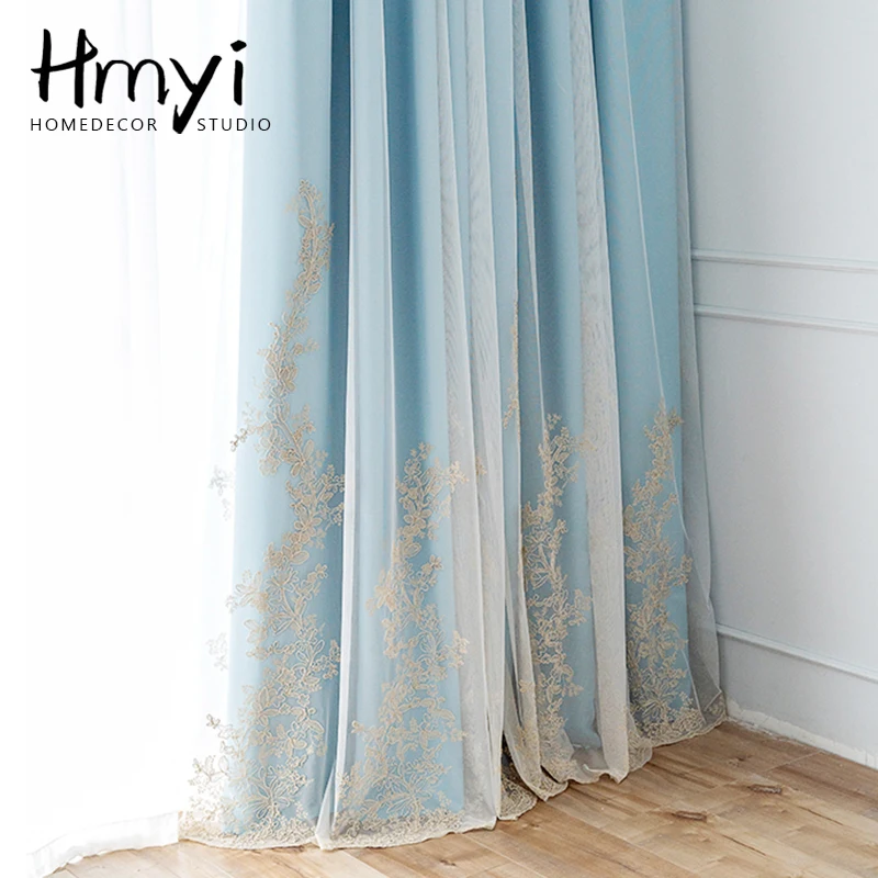 

Luxury Blackout Curtains for Bedroom Living Room With White Embroidered Tulle Sheer Window Curtains Girls Romantic Voile Drape