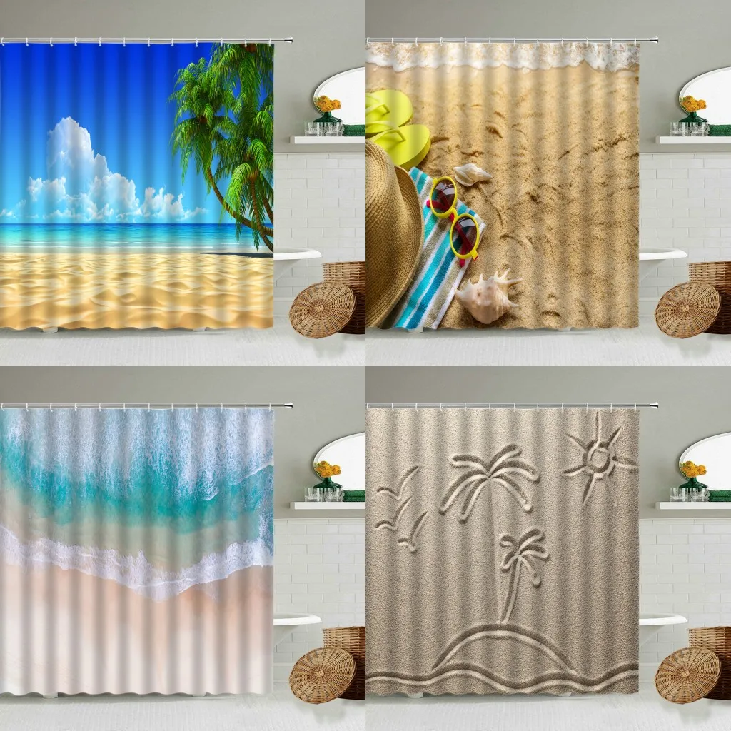 

Занавеска для душа с изображением океана и пляжа, тематика кокоса для летних отпусков, домашний декор с крючком, водонепроницаемая тканевая...