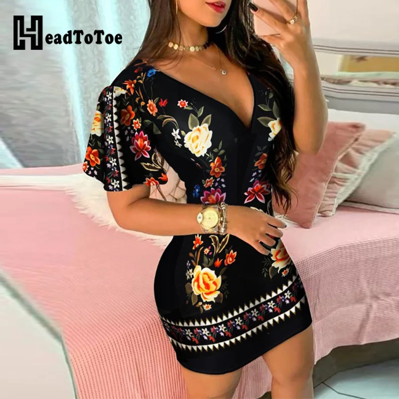 

Ruffles Sleeve Floral Print Bodycon Dress