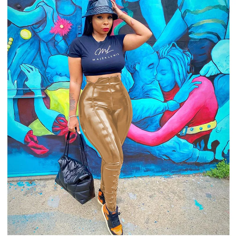 

PU Leather Pants Sport Pants Women Casual Ruched Sweatpants Slim Jogger Long Stacked Pencil Pants Lady Trousers Fitness Bottoms