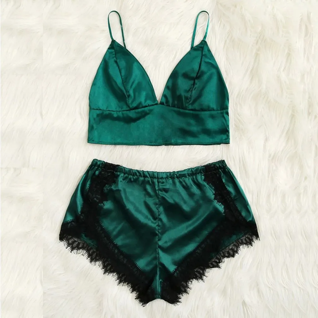 2019 Women's Sexy lingerie Bra Set Women Satin Lace Trim Shorts Sleepwear Backless Pajamas Dropship FDropship FD | Женская одежда