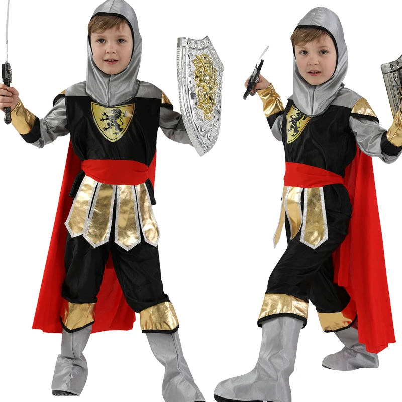 

Halloween Costume Cosplay Kids Party Royal Warrior Knight With Shoes Cover Cloak Hat Boys Soldier Children Sets No Weapon