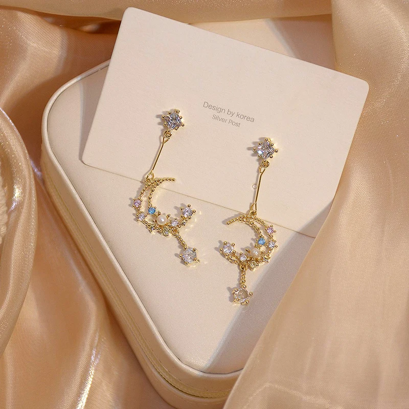 

Romantic Charming 14k Real Gold Pearl Crystal Moon Drop Earrings for Women S925 Silver Needle High Quality Jewelry AAA Zircon