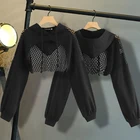Черные худи для женщин 2021 ажурные однотонные Короткие топы сетчатые Лоскутные короткие свитшоты с длинным рукавом Осенние Топы и пуловеры