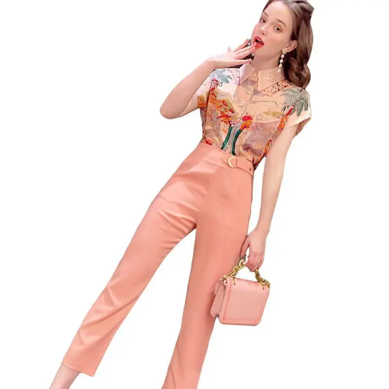 

Suit women's summer 2021 new print shirt high waist pants two piece set