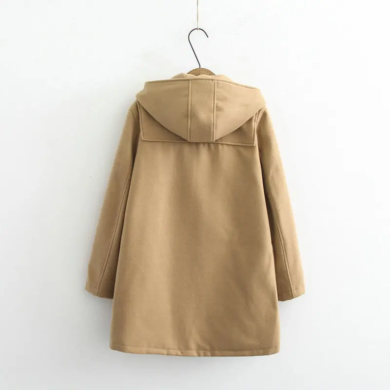 Women's Solid Outwear Preppy Style Horn Buckle Hooded Mid-Length Woolen Jacket Female Harajuku Coat Student 2042628