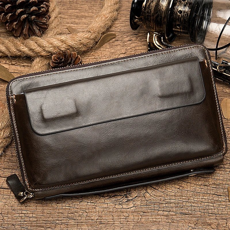 Luufan Genuine Leather Business Type Clutch Purse Big Capacity Long Wallet With Wristlet Leather Big Wallet For Phone Passport