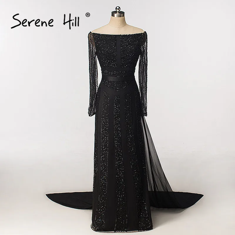 Женское вечернее платье с длинным рукавом черное фатиновое Русалка бисером