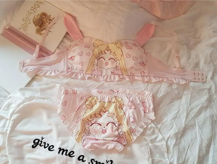 Аниме Сейлор Мун узор комплект нижнего белья Kawaii розовый кролик уха ТРУБА Топ бюстгальтер и трусики наборы японский сексуальный Лолита белье костюм