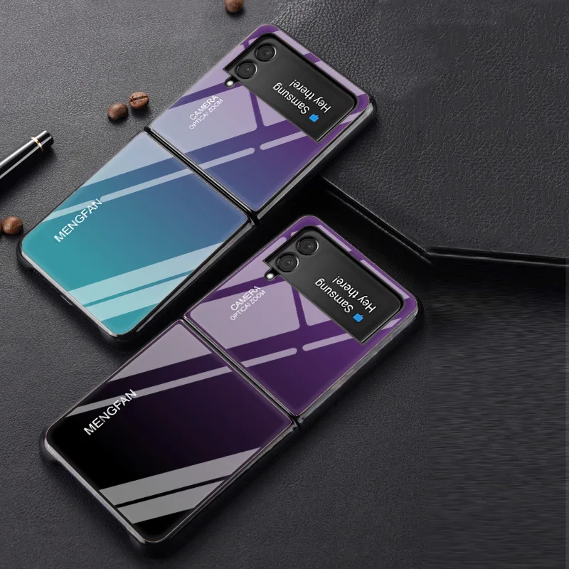 

Z Flip 3 Funda Flip Case for Samsung Galaxy Z Flip 3 Solid Color Gradient Pattern Tempered Glass Coque Phone Case Cover Z Flip 3