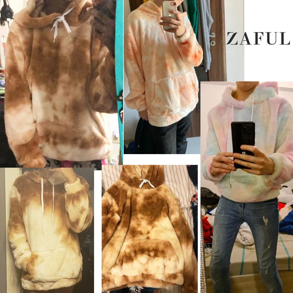 

ZAFUL Kangaroo Pocket Faux Fur Hoodies Men Women Tie Dye Pattern Winter Streetwear Fleece Casual Hooded Pullover Sweatshirt