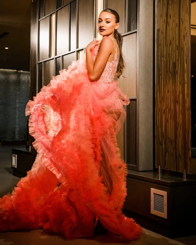 

Water Melon Sleeveless Jewel Lace Evening Dress A Line Tulle Women's Long Prom Dresses Sexy Formal Gowns custome made
