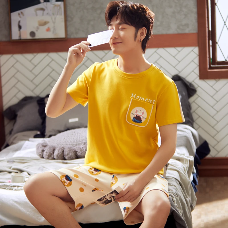 

Spring Summer Men's Cotton Pajamas Letter Print Sleepwear Cartoon Pajama Sets Casual Sleep&Lounge Pyjamas Plus Size 3XL Pijama