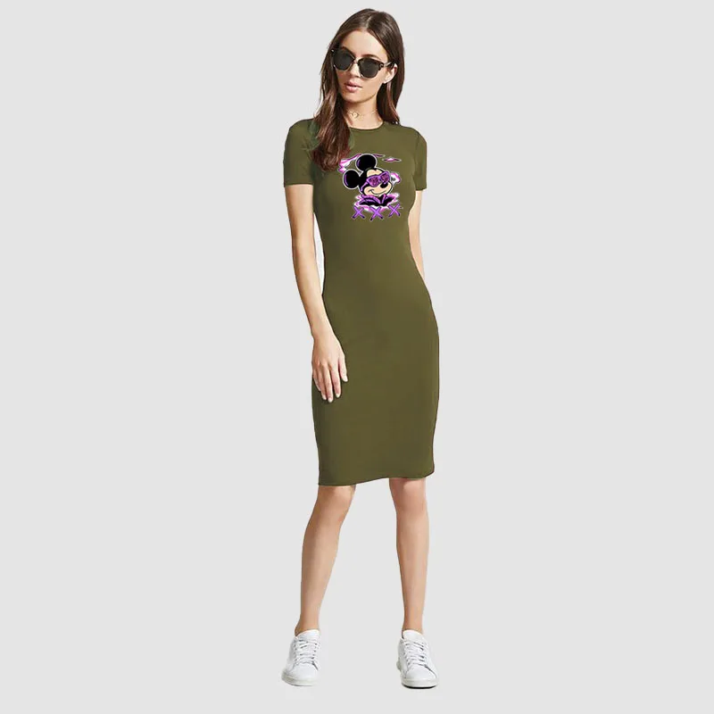 

Disney Summer Dresses for Women 2021 Cool Mickey Mouse Printed Short Sleeve Brown Dress Vintage Elegant Bodycon Party Robe Femme