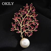gorgeous red color zircon leaf brooch with pearl lapel pin bijouterie corsage dress coat accessories jewelry gift