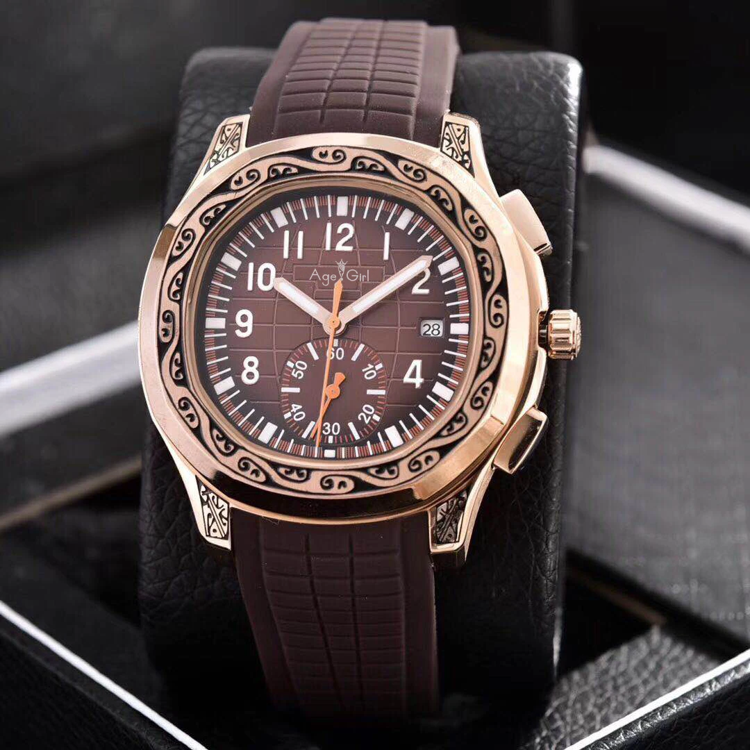 

Classic New Men Automatic Mechanical Rose Gold Carved Ancient Dual Time Black Blue Rubber Sapphire Limited Sport Watch AAA+