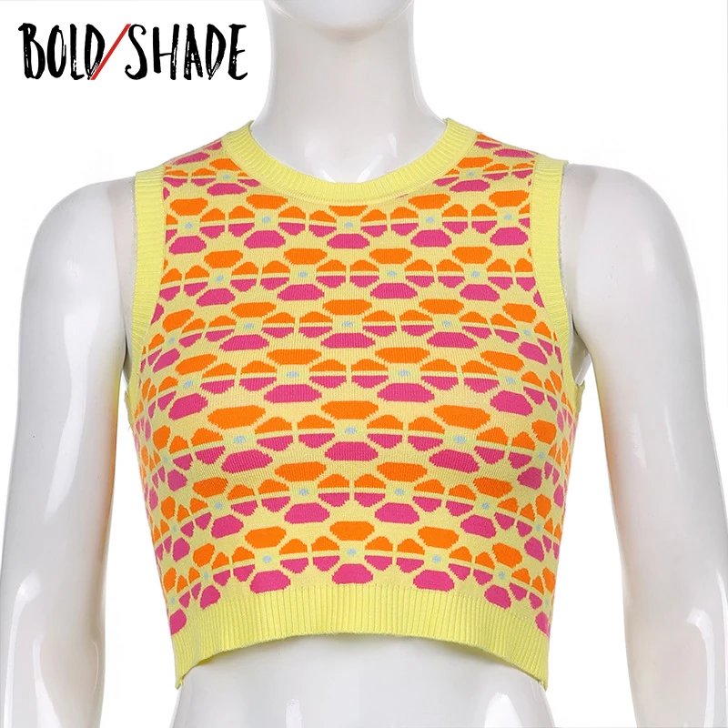 

Bold Shade E-girl Aesthetic Fashion Tank Patchwork Graphic Print Round Neck Sleeveless Vest Women Knit Indie Y2K Style Summer