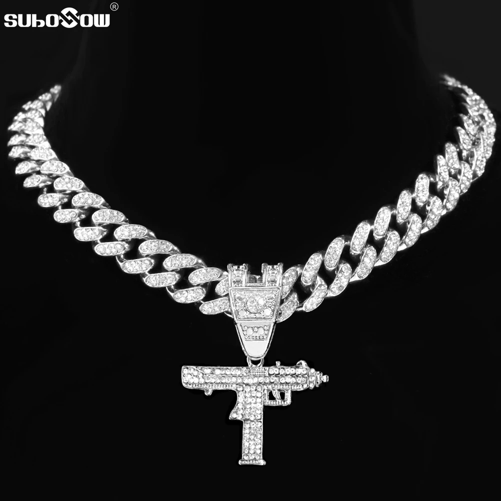 

Hip Hop Rock Bling UZI Submachine Gun Pendant Necklace For Men Women Shine Rhinestone 13mm Miami Cuban Chain Necklaces Jewelry