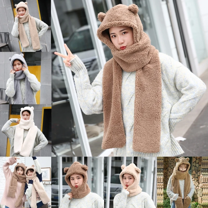 

Women Winter Warm Plush One-Piece Hat Scarf Bear Ears Thermal Hooded Earflap Cap F3MF