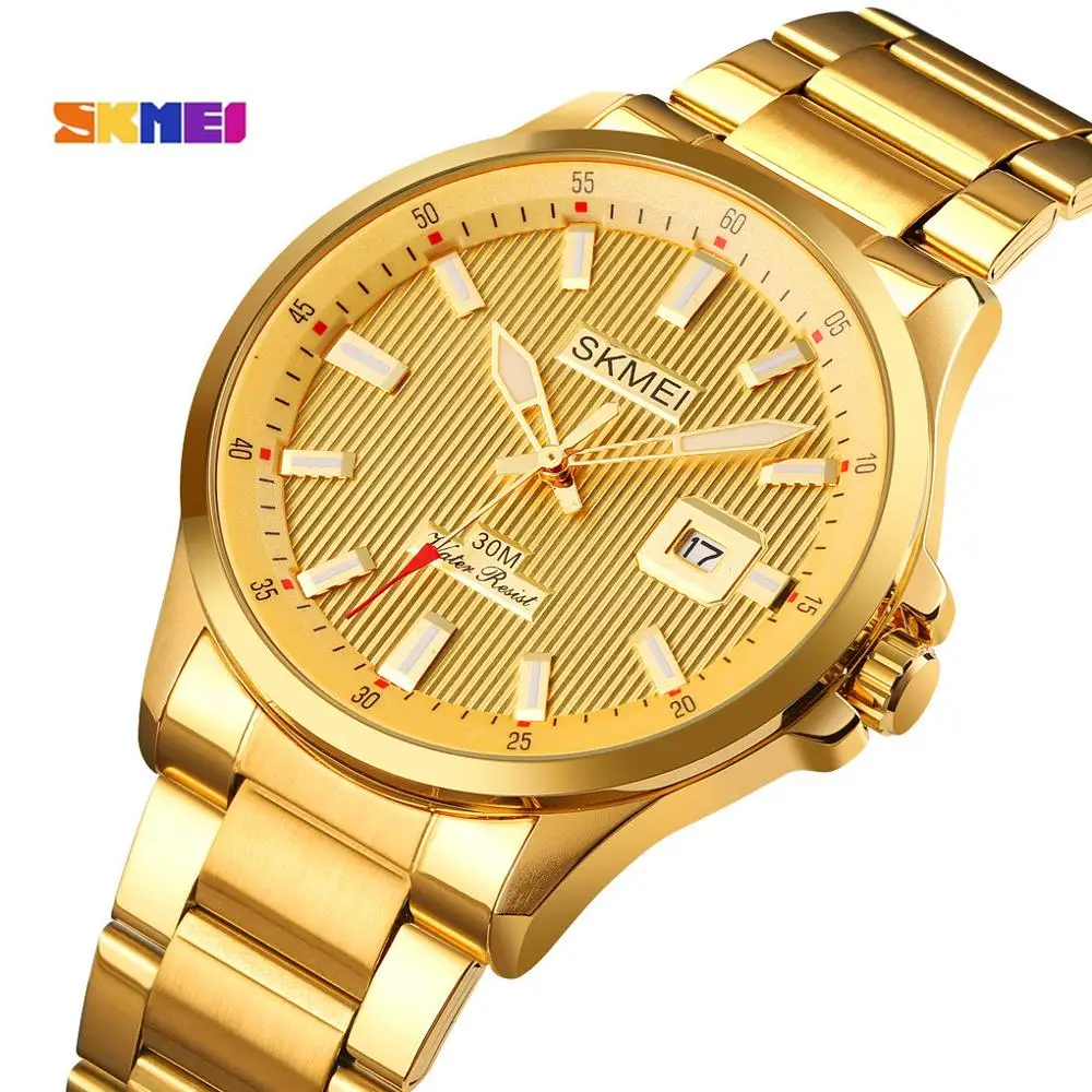 

Top Brand Luxury Watches SKMEI Golden Quartz Wrist Watch Business Men Watch Calender Male Clock montre homme Relogio Masculino