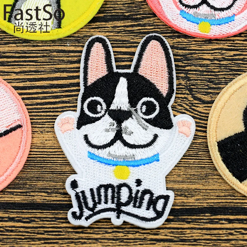 Round Puppy Kitten Patch Cartoon Cute Embroidered Animals Fabric Stickers Iron on Clothes Patches for Clothing Applique Badges | Дом и сад