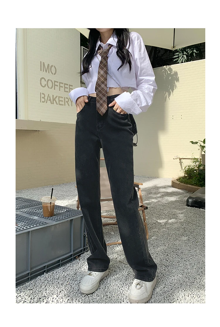 

Американские черные джинсы в стиле ретро с высокой талией, прямые джинсы на флисе, сезон весна-осень 2022, Стрейчевые зауженные женские зимние...