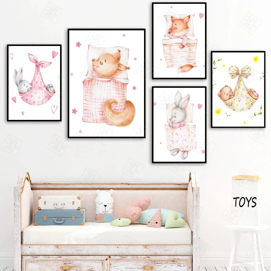 Картина на холсте с мультяшными животными декор для детской комнаты кролик