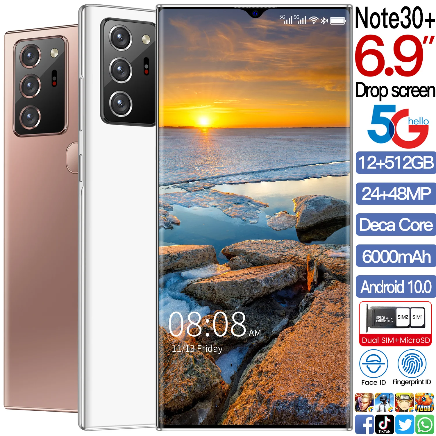 

Hot Sale Galax Note30+ 6.9Inch Smartphone Global Version 12GB 512GB 6000mAh Snapdragon 888 Android11 Finger Print ID Cellphone