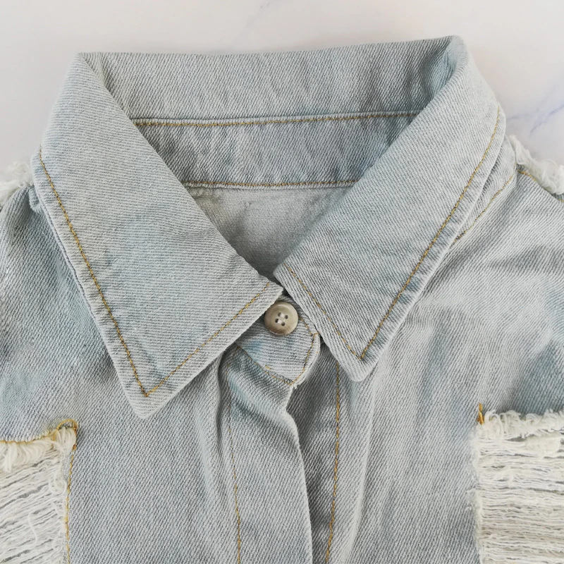 

2020 New Autumn Female Denim jacket Fashion Long section Stitching Frazzle Personality Split Turndown collar Women Tops Vogue