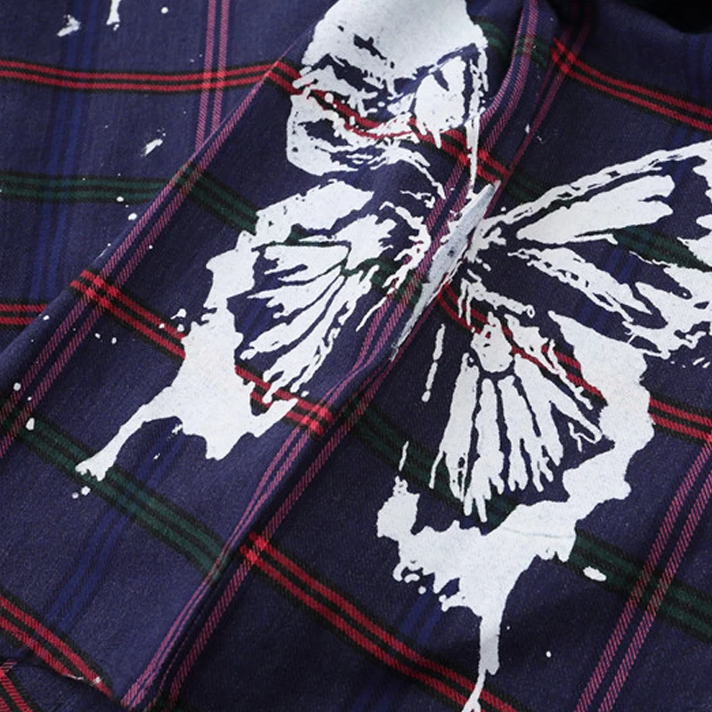 

Long Sleeve Butterfly Print Plaid Shirt Streetwear 2020 Autumn Harajuku Hip Hop Casual Loose Button Dress Shirts Men Tops WY150