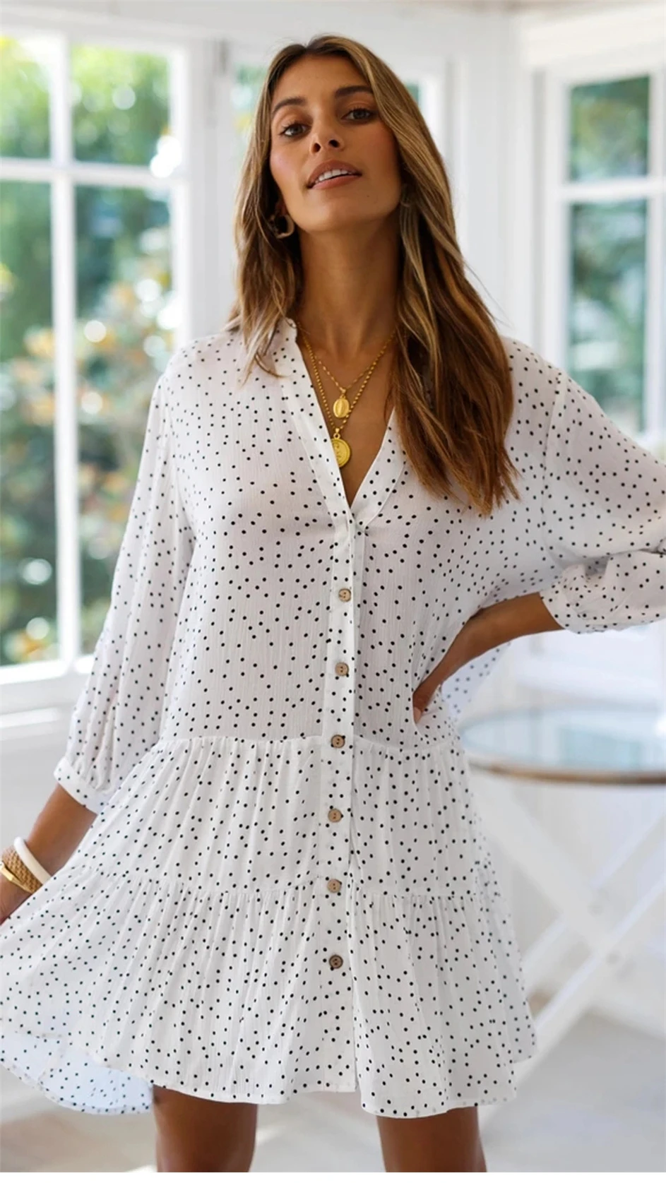 

Summer Ladies Elegant Dot Print Dress Women 2021 New Mini Single Bresated V Neck Wrist Sleeve Casual Dress