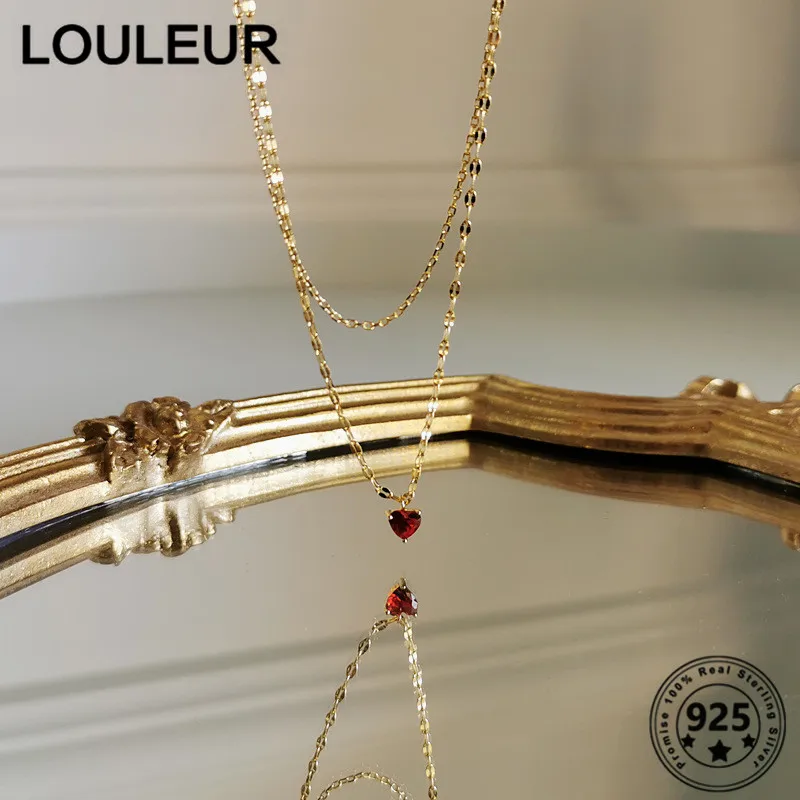 

LouLeur New 925 Sterling Silver Necklace 18K Gold Red Heart Pendant Necklace Double Layer For Women Girls Fine Jewelry