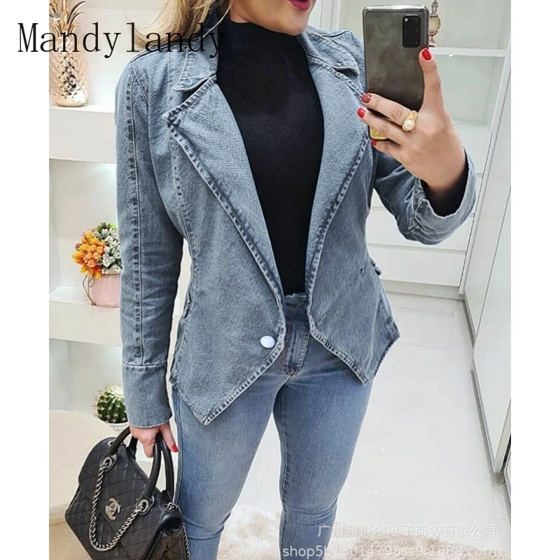 

Mandylandy Denim Jacket Autumn Long Sleeve Turn-down Collar Single Buttom Denim Blazers Women Solid Color Slim-Fit Cardigan Coat